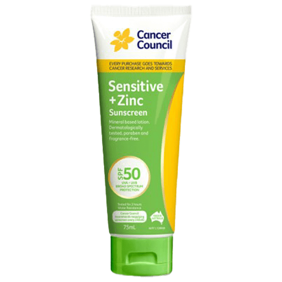 CANCER COUNCIL SPF50 Sensitive+Zinc Sunscreen Tube 75mL - Sensitive + Zinc Sunscreen SPF50 75ml | National First Aid Training Institute