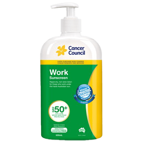 CANCER COUNCIL SPF50+ Work Sunscreen Pump 500mL - Work Sunscreen SPF50+ 500ml | National First Aid Training Institute
