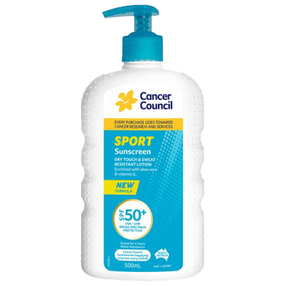 CANCER COUNCIL SPF50+ Sport Sunscreen Pump 500mL - Sport Dry Touch Sunscreen SPF50+ 500ml | National First Aid Training Institute
